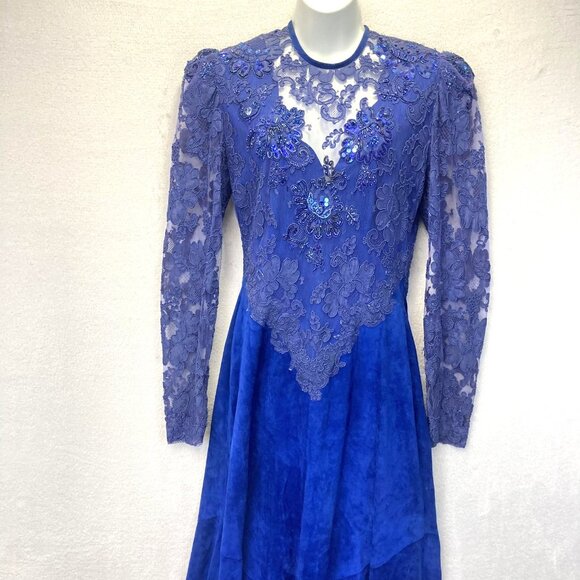 Vintage 80s Handmade Lace Beaded Midi Dress Womens 6 Blue Sequins Suede Regency - Picture 2 of 16